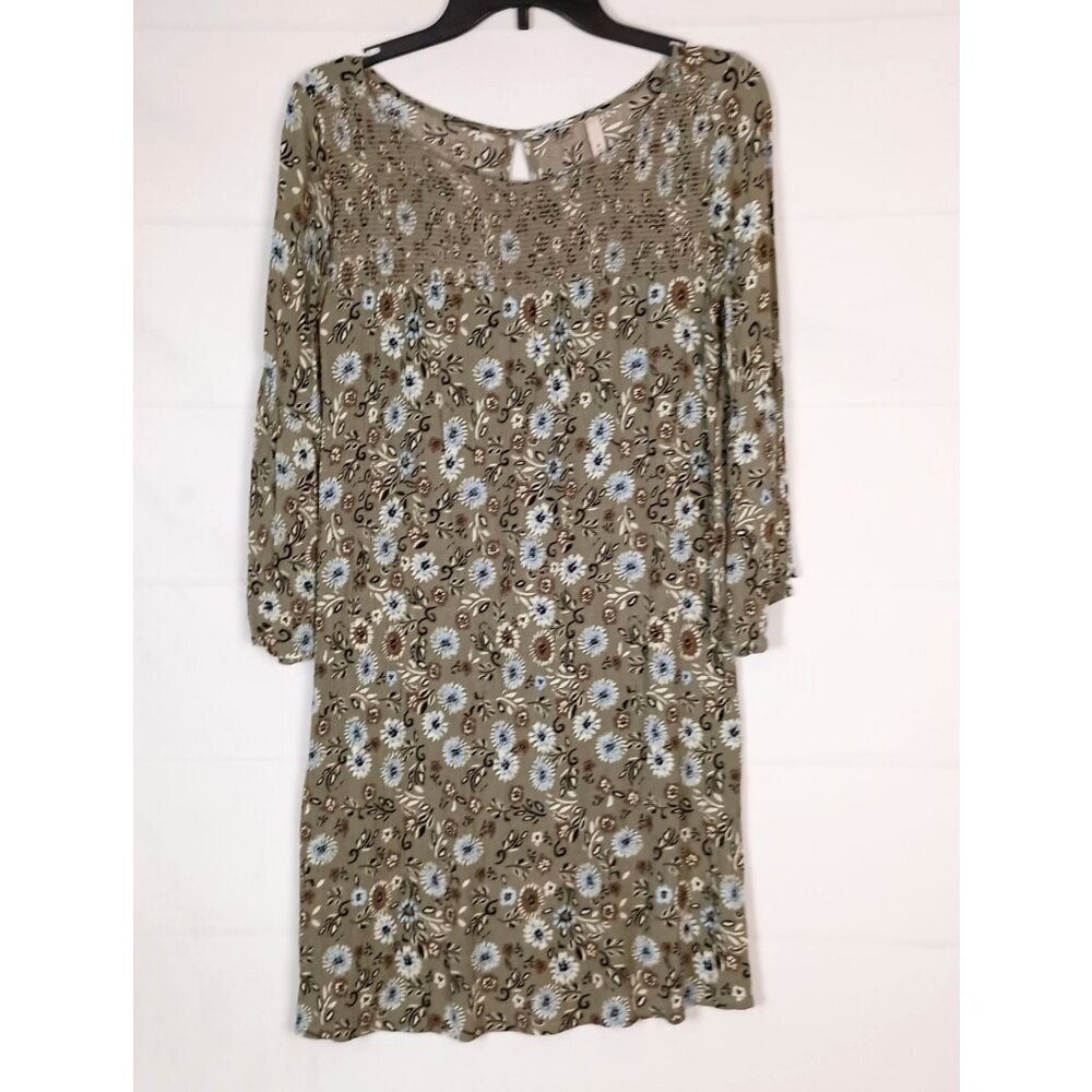 G.I.L.I. Green Floral Smocked Jersey Shift Dress Flared Sleeve S